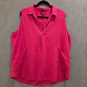 For Cynthia Linen V Neck Sleeveless Blouse Women's Size 2X Pockets Beachy